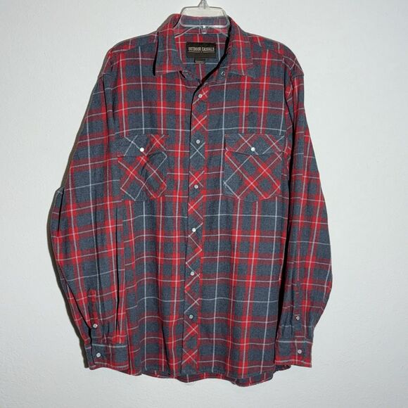 Outdoor Casuals Shirt Mens XLT Red Gray Plaid Pearl Snap Flannel Western Cowboy‎ - Picture 1 of 7